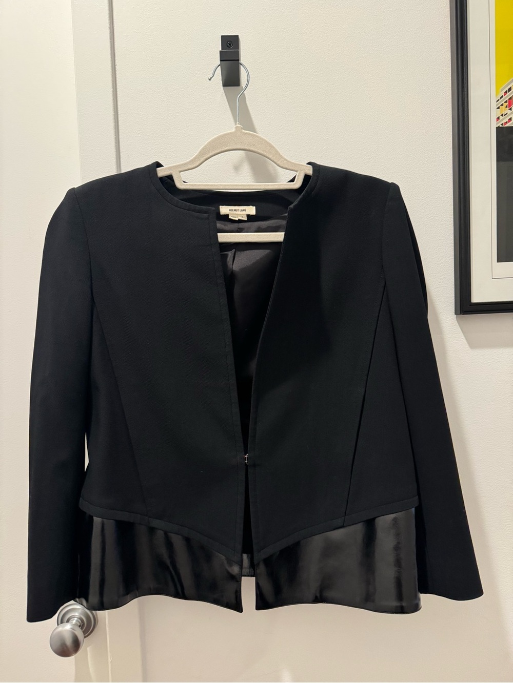 Helmut Lang Black Open-Front Blazer with Shiny Patent Hem